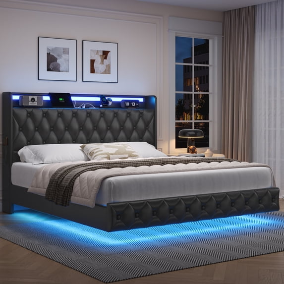 Hiphuta Full Size Floating Upholstered Beds with LED Lights, Velvet Leather Sturdy Platform Bed with Charging Station & Button Tufted Headboard Storage, Black
