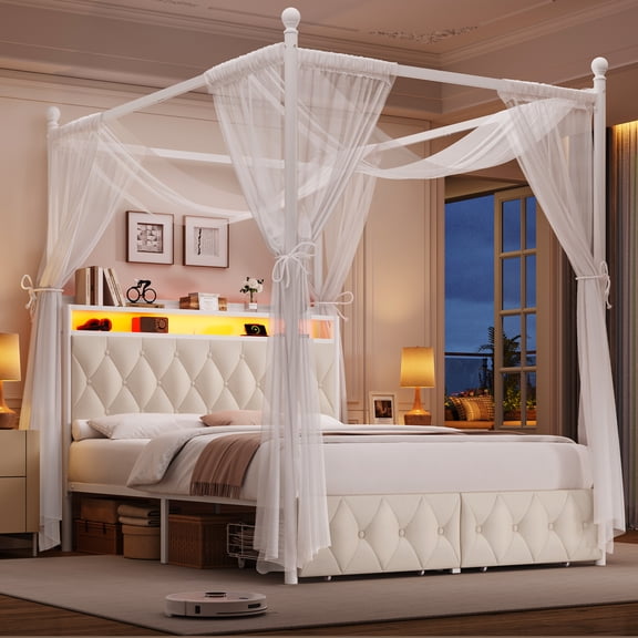 Hiphuta Full Size Upholstered Canopy Bed with Charging Station & Storage Drawer,Button Tufted Headboard with LED Light, Full Bed Frames, Beige