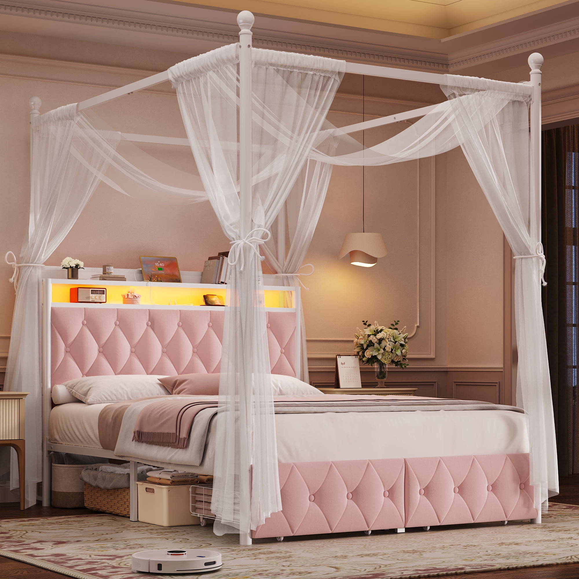 Hiphuta Full Size Upholstered Canopy Bed with Charging Station & Storage Drawer,Button Tufted Headboard with LED Light, Full Bed Frames, Pink
