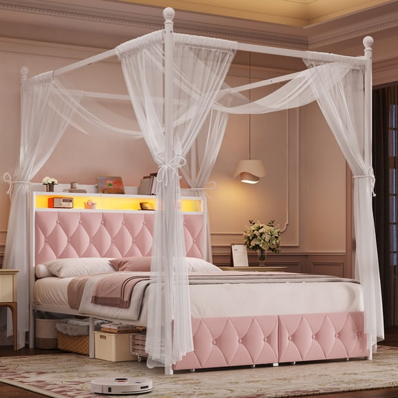 Hiphuta Full Size Upholstered Canopy Bed with Charging Station & Storage Drawer,Button Tufted Headboard with LED Light, Full Bed Frames, Pink