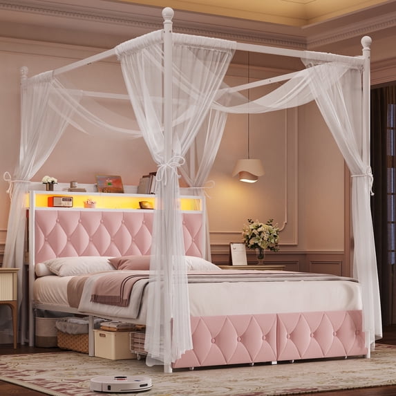 Hiphuta Full Size Upholstered Canopy Bed with Charging Station & Storage Drawer,Button Tufted Headboard with LED Light, Full Bed Frames, Pink