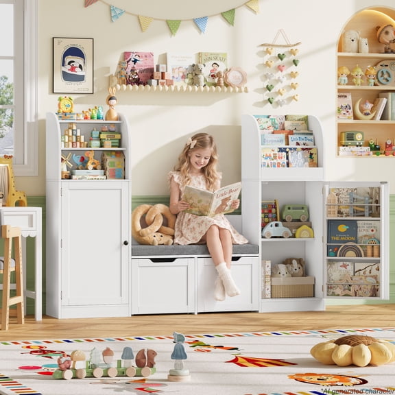 Hiphuta Kid Bookcase with Reading Nook and 2 Door-Mounted Shelves, Toy Storage Organizer with Cushioned Bench and Drawers, for Children's Bedroom Playroom, White