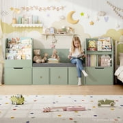 Hiphuta 71" Wide Kids Bookcase with Reading Nook, Large Toy Storage Organizer with 5 Drawers and Seat Cushion, Green