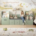 thumbnail image 1 of Hiphuta 71" Wide Kids Bookcase with Reading Nook, Large Toy Storage Organizer with 5 Drawers and Seat Cushion, Green, 1 of 7