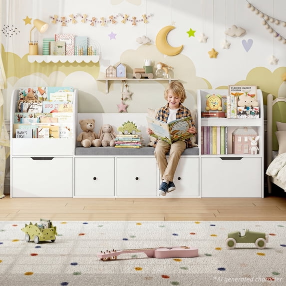 Hiphuta 71" Wide Kids Bookcase with Reading Nook, Large Toy Storage Organizer with 5 Drawers and Seat Cushion, White