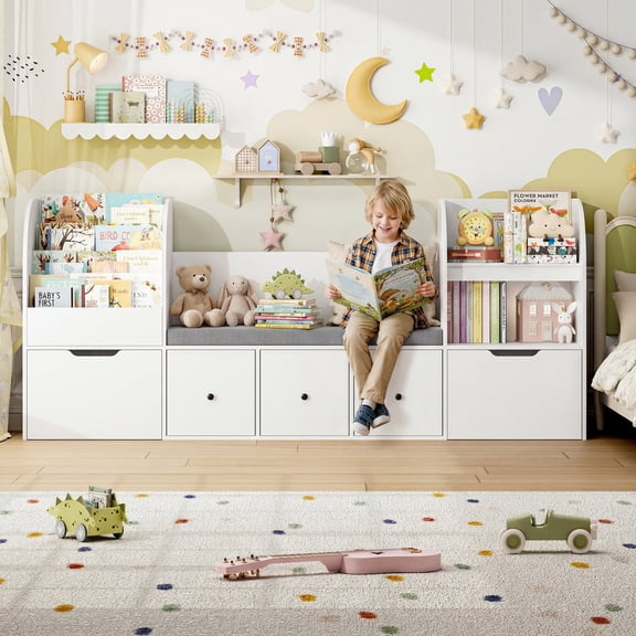 Hiphuta 71" Wide Kids Bookcase with Reading Nook, Large Toy Storage Organizer with 5 Drawers and Seat Cushion, White
