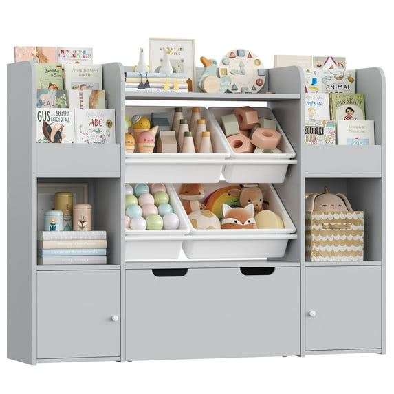 Hiphuta Kid Storage Toy Organizer, Wood Toy Storage Organizer with 4 Toy Boxes, Kids Bookcase with Book Rack, Gray