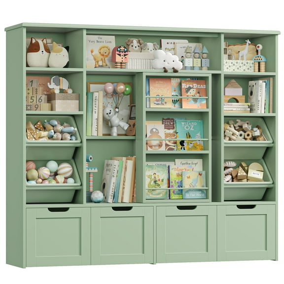 Hiphuta 55"W Kid Toy Storage Organize with Sliding Bookshelf, Kid Bookcase with 4 Removable Drawers, Toy Storage Toy Organize for Kid Bedroom Playroom, Green