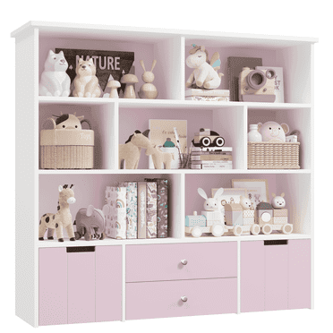 Hiphuta Kids Bookcase Toy Storage Organizer, Wood Toy Cabinet of 7 Cubes & 4 Drawers, Bookshelf for Kids Room, Pink