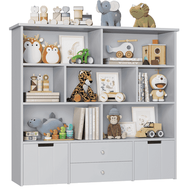 Hiphuta Kids Bookcase Toy Storage Organizer, Wood Toy Cabinet of 7 Cubes & 4 Drawers, Bookshelf for Kids Room, Gray