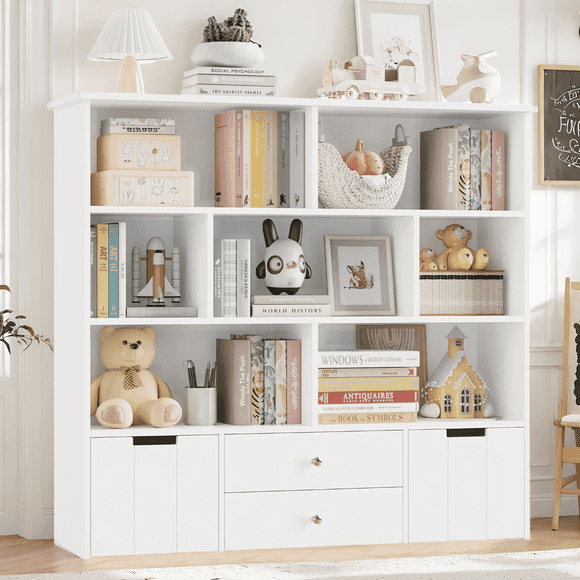 Hiphuta Kids Bookcase Toy Storage Organizer, Wood Toy Cabinet of 7 Cubes & 4 Drawers, Bookshelf for Kids Room, White