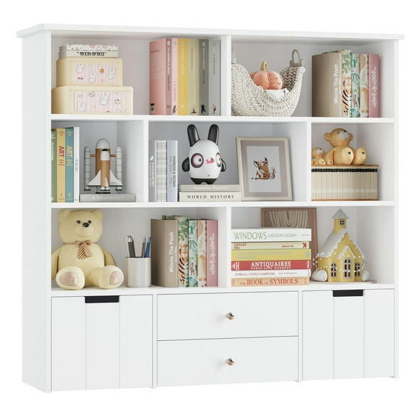 Hiphuta Kids Bookcase Toy Storage Organizer, Wood Toy Cabinet of 7 Cubes & 4 Drawers, Bookshelf for Kids Room, White