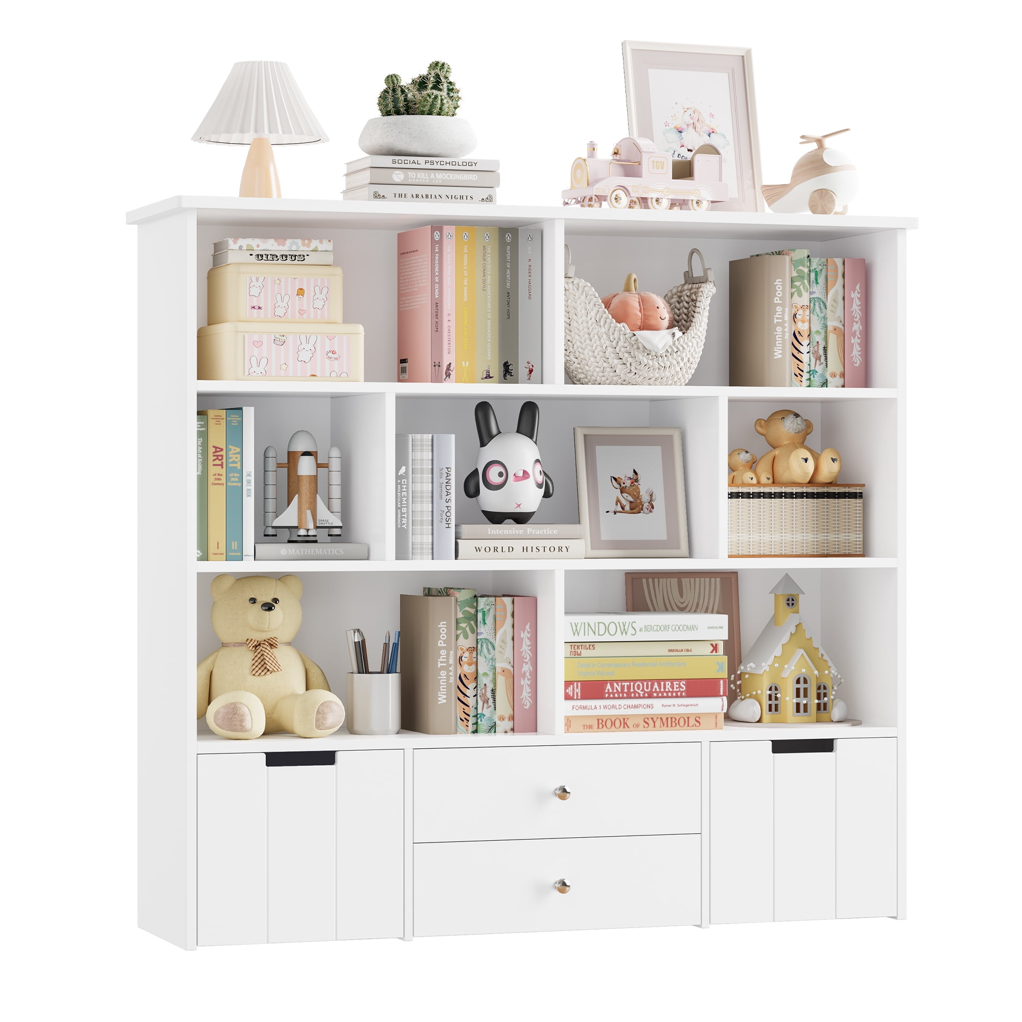 Homfa 5 Cube Toy Storage Organizer Kids Geometric Bookcase with 3 Drawers Storage Cabinet for Living Room White Finish