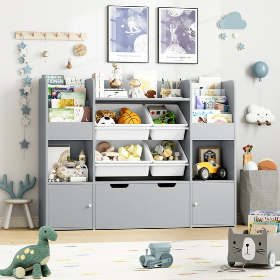 Hiphuta Kids Bookcase Toy Storage Organizer, Wooden Toy Organizer of 4 Bins& 2 Removable Drawers for Home Bedroom, Kids Bookshelf Toy Box with Book Rack, Gray