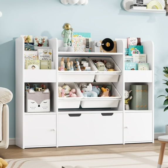 Hiphuta Kids Bookcase Toy Storage Organizer, Wooden Toy Organizer of 4 Bins& 1 Large Removable Drawers for Home Bedroom, Kids Bookshelf Toy Box with Book Rack, White