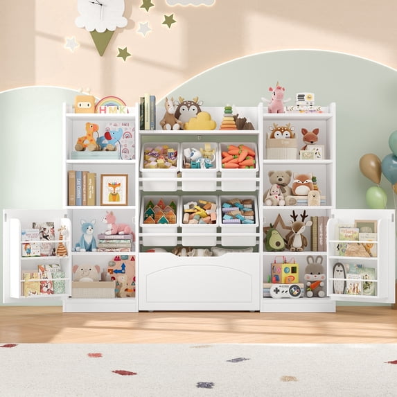 Hiphuta 55"Wide Toy Storage Organizer with Book Shelves Behind The Doors, Kids Bookcase Wood Toy Organizer of 6 Removable Boxes & 8 Storage Cubes, White