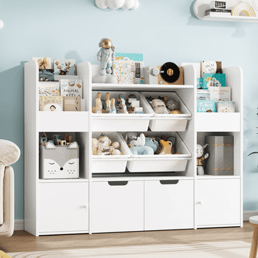 Hiphuta Kids Bookcase Toy Storage Organizer, Wooden Toy Organizer of 4 Bins& 2 Removable Drawers for Home Bedroom, Kids Bookshelf Toy Box with Book Rack, White
