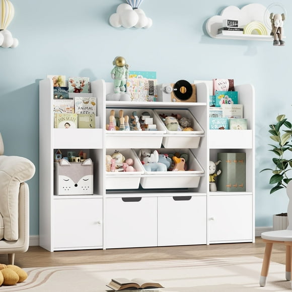 Hiphuta Kids Bookcase Toy Storage Organizer, Wood Toy Organizer of 4 Bins& 2 Removable Drawers, Kids Bookshelf with Book Rack, White