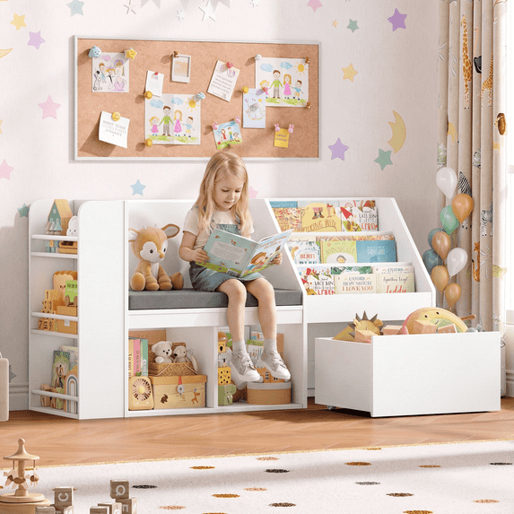 Hiphuta Kids Bookcase with Reading Nook & Side Storage, Toy Storage Organizer with Book Rack & Drawer for Kids Room