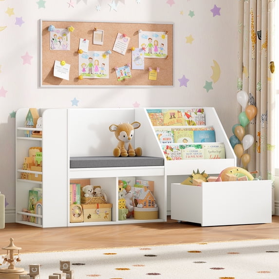 Hiphuta 49"W Kids Bookcase with Reading Nook & Side Storage, Toy Storage Organizer with Book Rack & Drawer for Kids Room