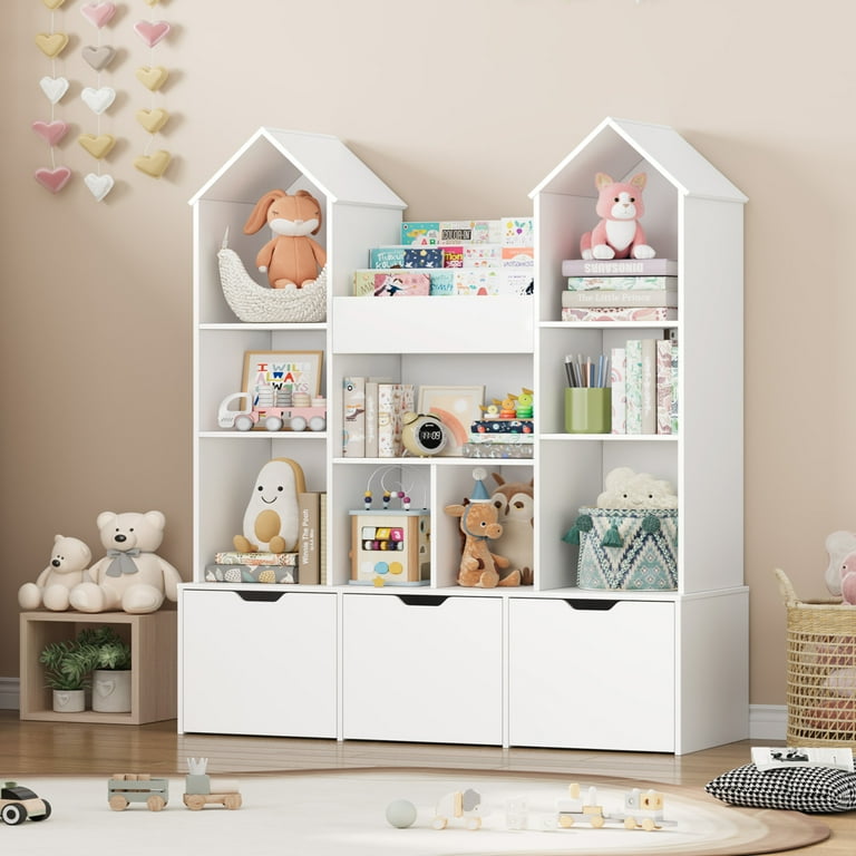 Hiphuta Kids Toy Storage and Bookshelf, White Organizer with