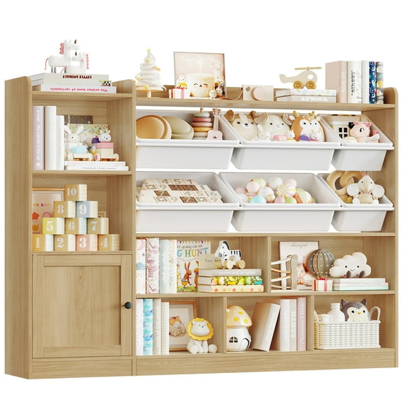 Hiphuta 55"In Kids Bookcase with Toy Storage Organizer, Wood Cube Bookcase Toy Chest of 8 Compartments & 6 Movable Bins, Bookshelf for Kids Bedroom, Natural