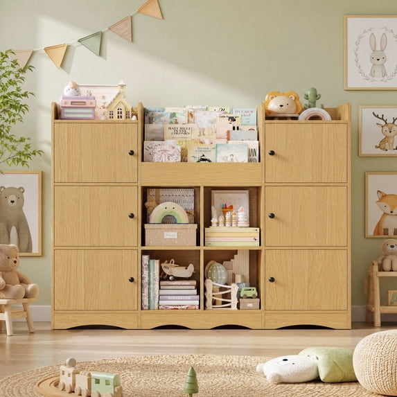 Hiphuta 55"In Kids Bookcase with Toy Storage Organizer, Wood Cube Bookcase Toy Chest of 8 Compartments & 6 Movable Bins, Bookshelf for Kids Bedroom, Natural