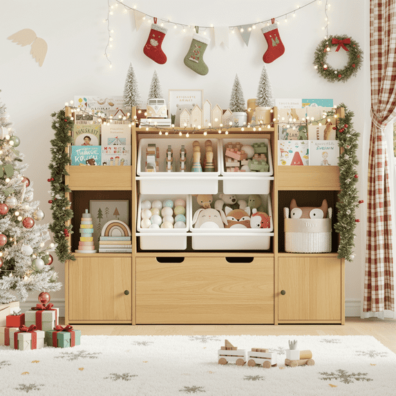 Hiphuta Kids Bookcase Toy Storage Organizer, Wooden Toy Organizer of 4 Bins& 1 Removable Drawers for Home Bedroom, Kids Bookshelf Toy Box with Book Rack, Natural