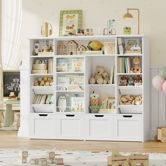 Hiphuta 55"W Kid Toy Storage Organize with Sliding Bookshelf, 47"H Kid Bookcase with 4 Toy Bins and 4 Removable Drawers, kid Cube Organizer for Playroom Kid Bedroom, White