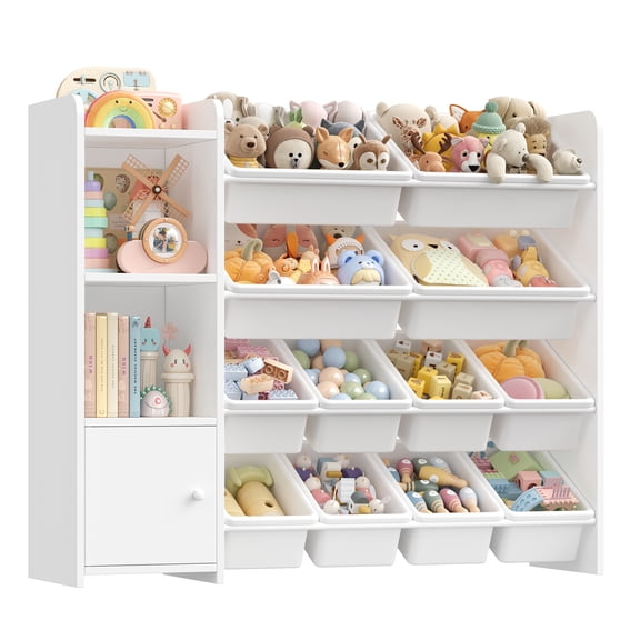 Hiphuta 44”Wide Kids Bookcase Toy Storage Organizer with 12 Removable Toy Boxes, Wooden Toy Chest for Kids, Kids Storage Bookshelf for Small Bedroom Playroom, White