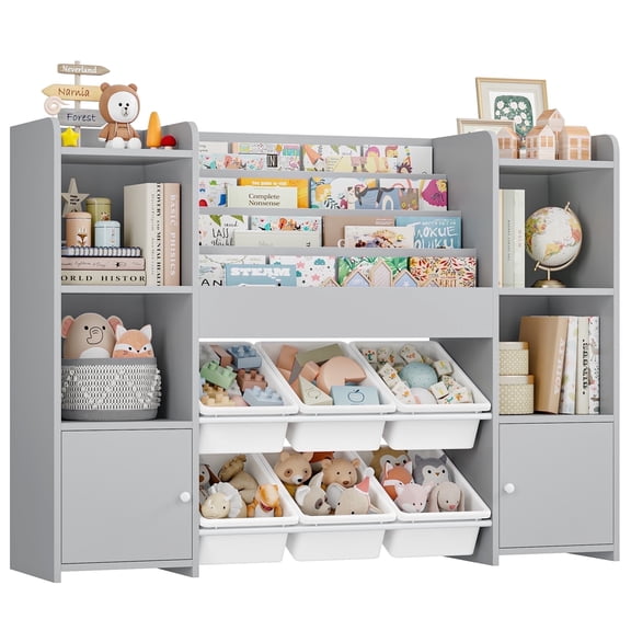 Hiphuta Kids Bookcase Toy Storage Organizer, Wooden Toy Chest for Kids with 6 Removable Toy Boxes, Kids Storage Bookshelf for Bedroom Playroom, Gray