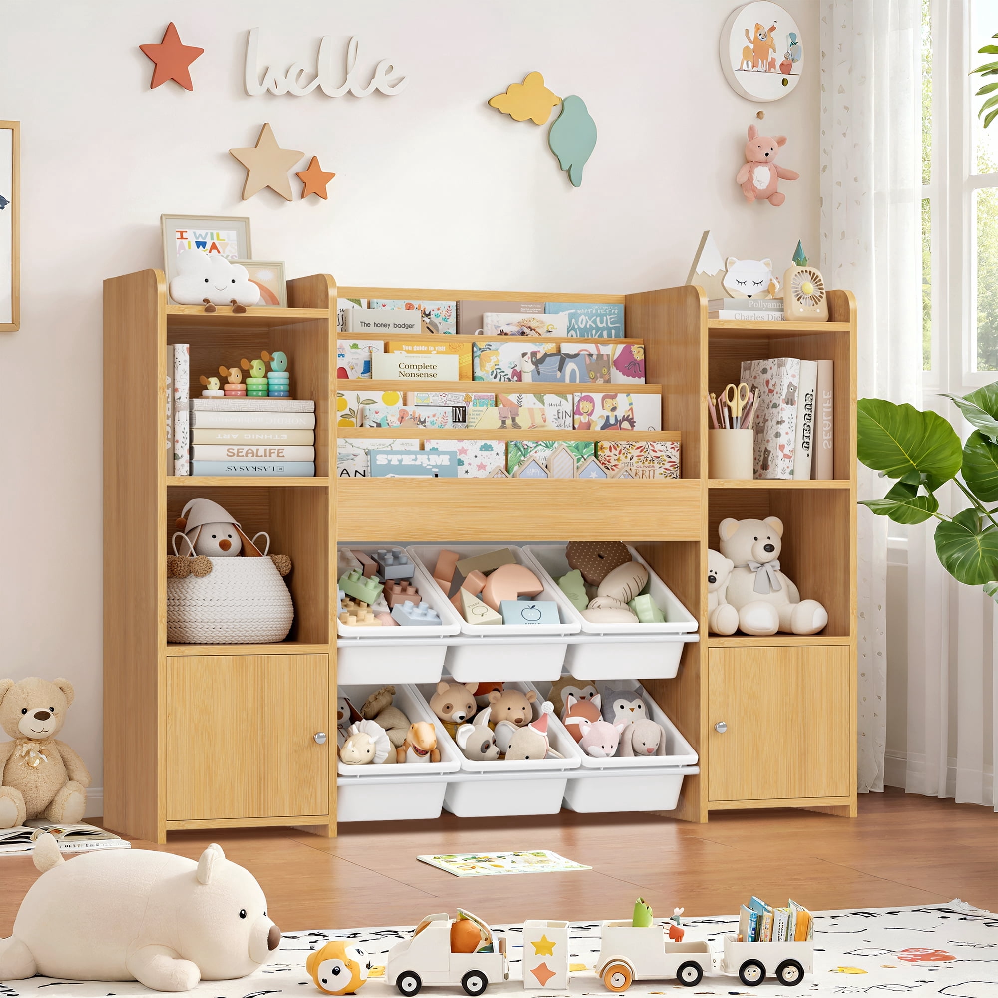 Hiphuta Kids Bookcase Toy Storage Organizer, Wooden Toy Chest for Kids with 6 Removable Toy Boxes, Kids Storage Bookshelf for Bedroom Playroom, Natural