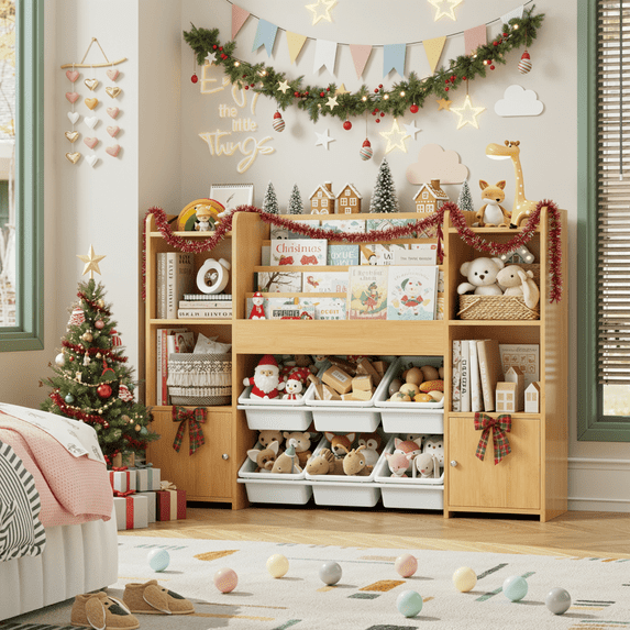 Hiphuta Kids Bookcase Toy Storage Organizer, Wooden Toy Chest for Kids with 6 Removable Toy Boxes, Kids Storage Bookshelf for Bedroom Playroom, Natural