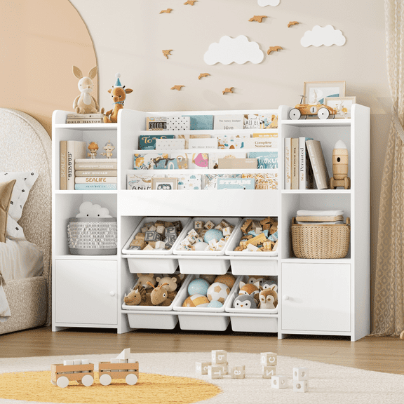 Hiphuta Kids Bookcase Toy Storage Organizer, Wooden Toy Chest for Kids with 6 Removable Toy Boxes, Kids Storage Bookshelf for Bedroom Playroom, White