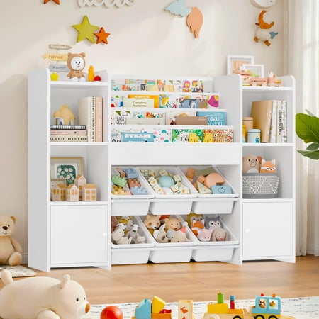Hiphuta Kids Bookcase Toy Storage Organizer, Wooden Toy Chest for Kids with 6 Removable Toy Boxes, Kids Storage Bookshelf for Home Bedroom Playroom, White