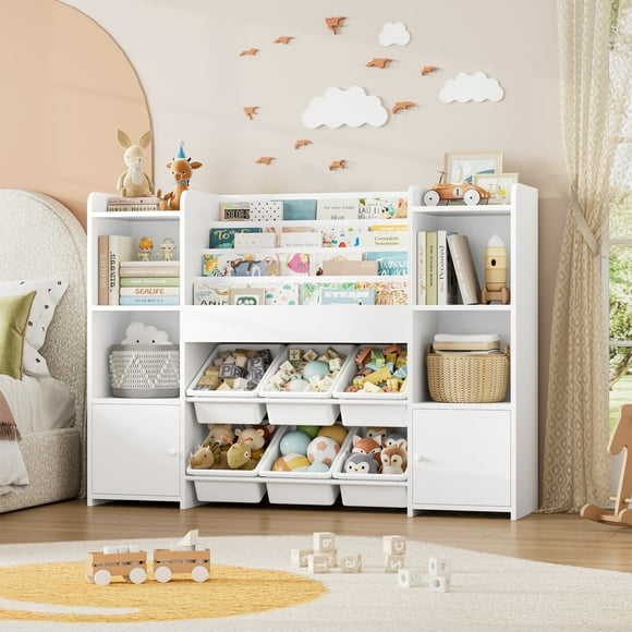 Hiphuta Kids Bookcase Toy Storage Organizer, Wooden Toy Chest for Kids with 6 Removable Toy Boxes, Kids Storage Bookshelf for Bedroom Playroom, White