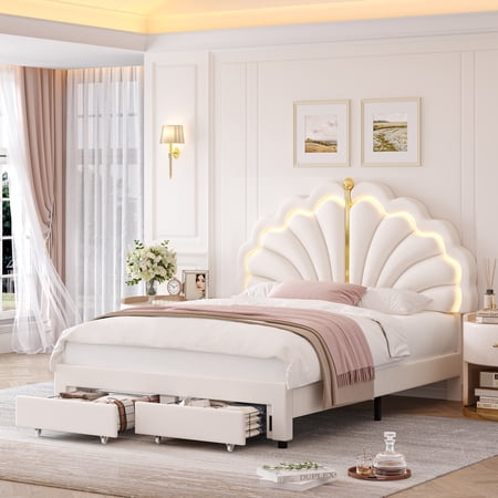 Hiphuta Full Upholstered LED Bed Frame with Storage Drawers, Platform Bed with Adjustable Cute Headboard, Velvet White