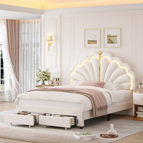 Hiphuta Full Upholstered LED Bed Frame with Storage Drawers, Platform Bed with Adjustable Cute Headboard, Velvet White