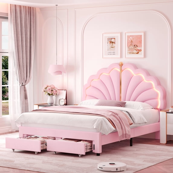 Hiphuta Queen Upholstered LED Bed Frame with Storage Drawers, Platform Bed with Adjustable Cute Headboard, Velvet Pink