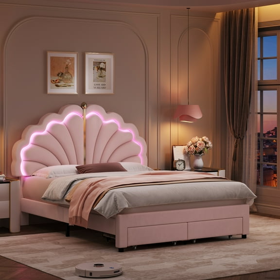 Hiphuta Queen Upholstered LED Bed Frame with Storage Drawers, Platform Bed with Adjustable Cute Headboard, Velvet Pink