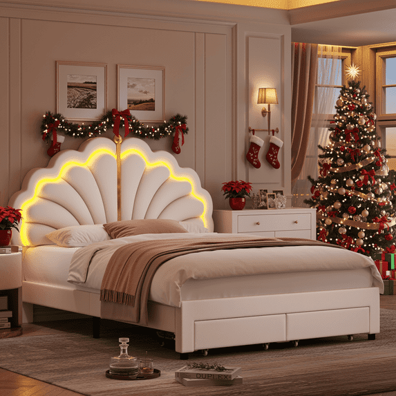 Hiphuta Queen Upholstered LED Bed Frame with Storage Drawers, Platform Bed with Adjustable Cute Headboard, Velvet White