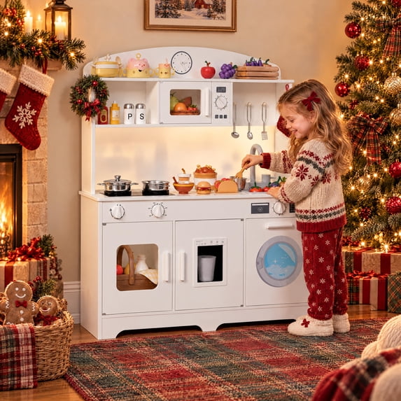Hiphuta Kids Play Kitchen, Wooden Kids Kitchen Play Set with 11 Pcs Accessorie, Kitchen Set for Ages 4-12, Wooden Toddler Toy Kitchen, White