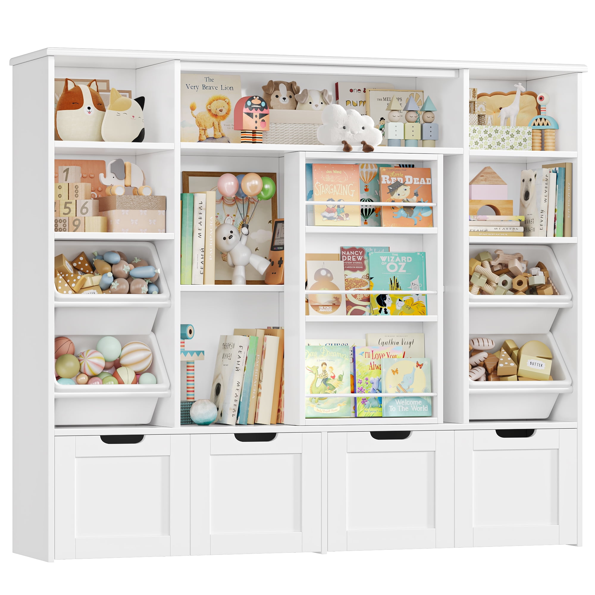 Walmart Black Friday Deals 2025 - Hiphuta 55"W Kid Toy Storage Organize with Sliding Bookshelf, Kid Bookcase with 4 Removable Drawers, Toy Storage Toy Organize for Kid Bedroom Playroom, White