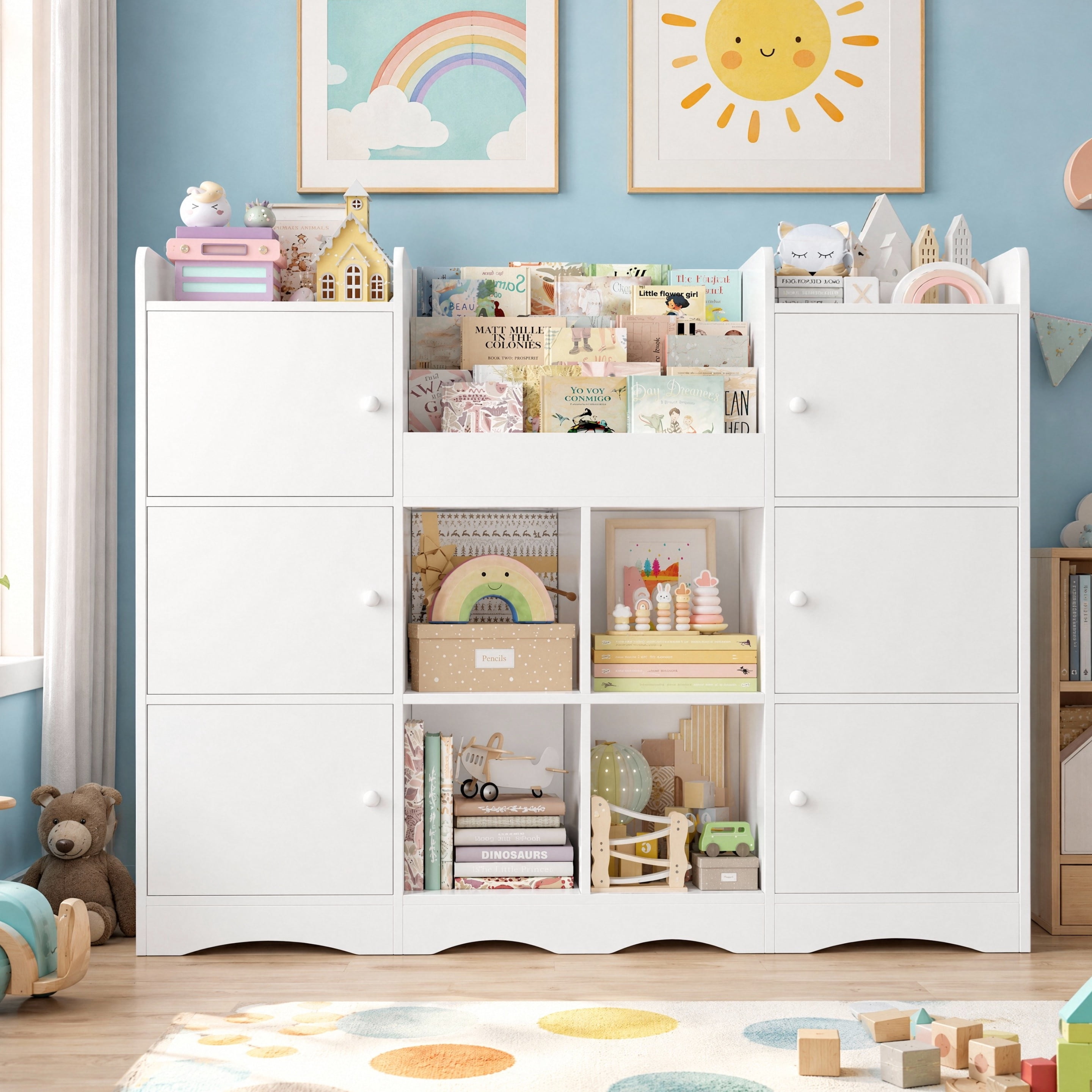 Hiphuta 55"In Kids Bookcase with Toy Storage Organizer, Wood Bookcase Toy Chest of 10 Compartments, Bookshelf for Kids Bedroom Classroom, White