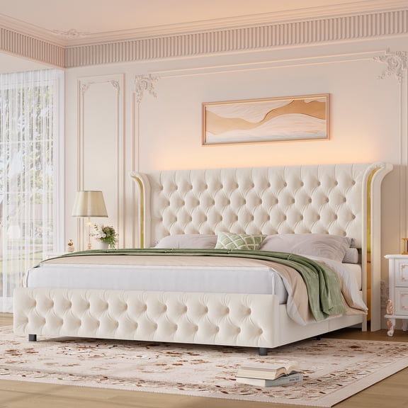 Hiphuta King Bed with LED Light, King Platform Bed Frame with Button Tufted Velvet Upholstered Headboard, Sturdy Metal Frame & Noise-Free No Box Spring Needed, White