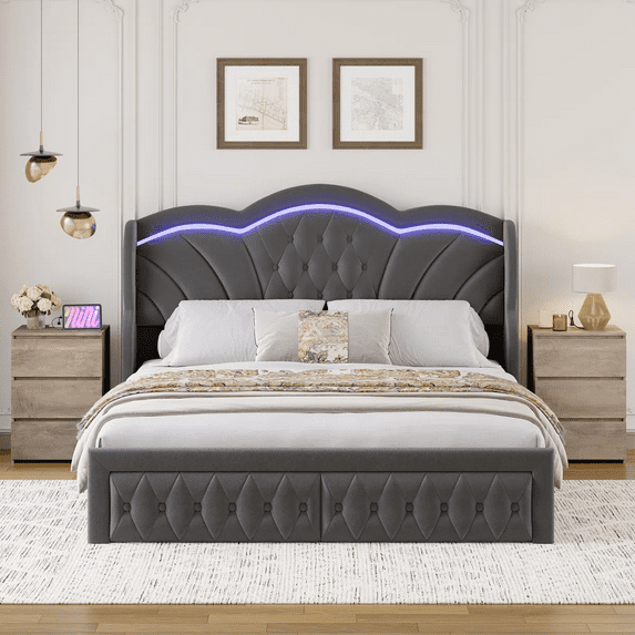Hiphuta Modern King Bed Frame with 2 Drawers, LED Lights Platform Bed Frame, Sturdy Beds Frame with Upholstered Button Tufted Headboard, Velvet Gray