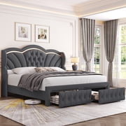 Hiphuta Modern King Bed Frame with 2 Drawers, LED Lights Platform Bed Frame, Sturdy Beds Frame with Upholstered Button Tufted Headboard, Velvet Grey