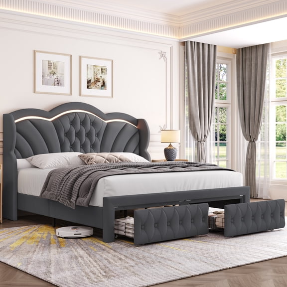 Hiphuta Modern King Bed Frame with 2 Drawers, LED Lights Platform Bed Frame, Sturdy Beds Frame with Upholstered Button Tufted Headboard, Velvet Grey