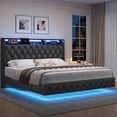 thumbnail image 1 of Hiphuta King Size Floating Upholstered Beds with LED Lights, Velvet Leather Sturdy Platform Bed with Charging Station & Button Tufted Headboard Storage, Black, 1 of 10