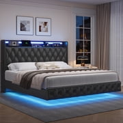 Hiphuta King Size Floating Upholstered Beds with LED Lights, Velvet Leather Sturdy Platform Bed with Charging Station & Button Tufted Headboard Storage, Black